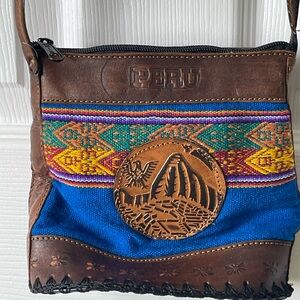 Peru Brown and Blue Cotton and Leather Women's Bag